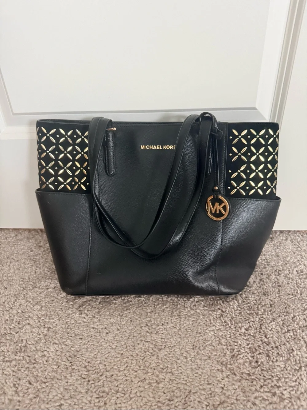 Michael Kors Black Tote with Gold Emblem Accents